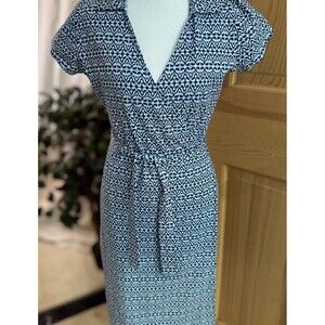 J. McLAUGHLIN Blue Ikat Abstract Geometric Faux Wrap Dress Cap Sleeve Size S